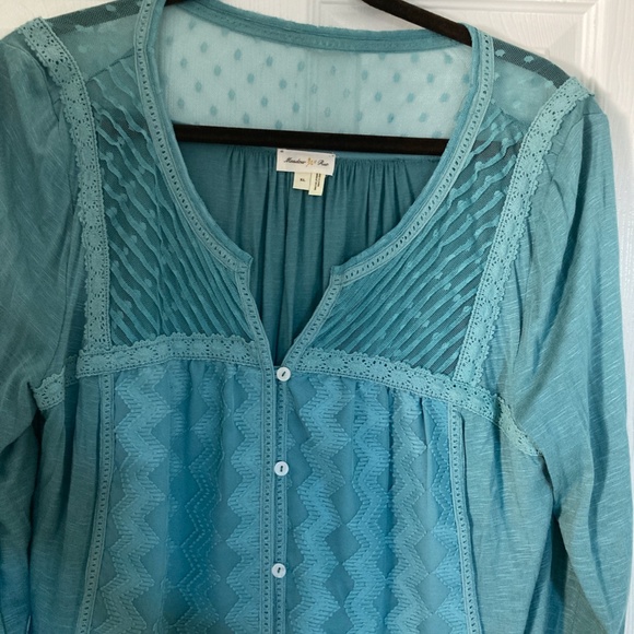 Anthropologie Meadow Rue Embroidered Teal Blue Long Sleeve Top XL - Picture 3 of 6